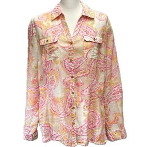 Charter Club Boho Luxury Linen Button Up Long Sleeve Shirt Women L Paisley Pink